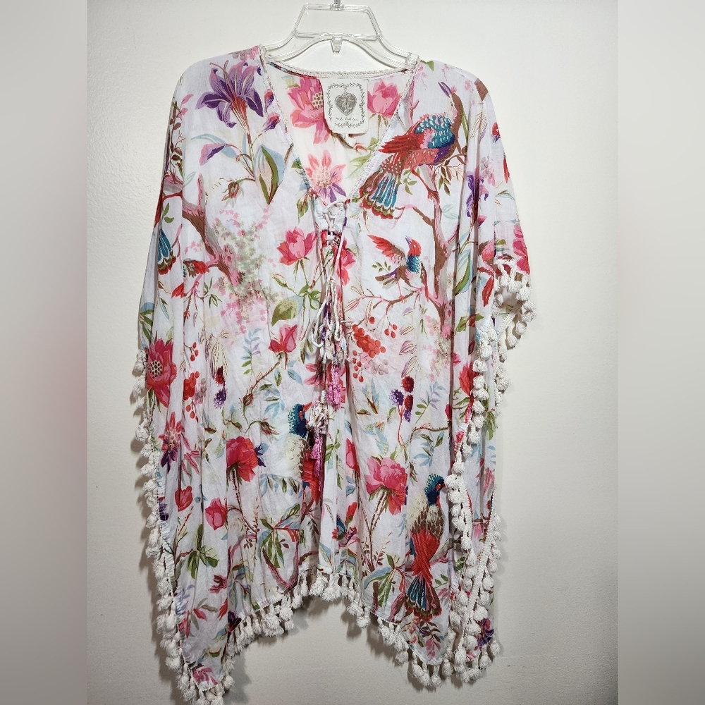 Vibrant Bird Print Women's Beach Cover Up  with Tassels